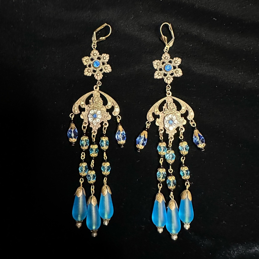 Elegant Gold and Blue Chandelier Earrings